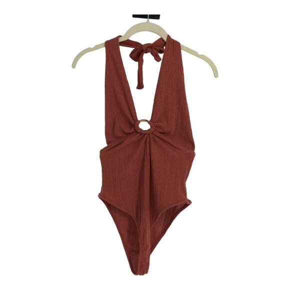 Pull & Bear Rust Orange Brown Halter Ring Bodysuit size S - Picture 15 of 15